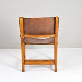 19th century oak and cognac leather brutalist castellana spanish armchair