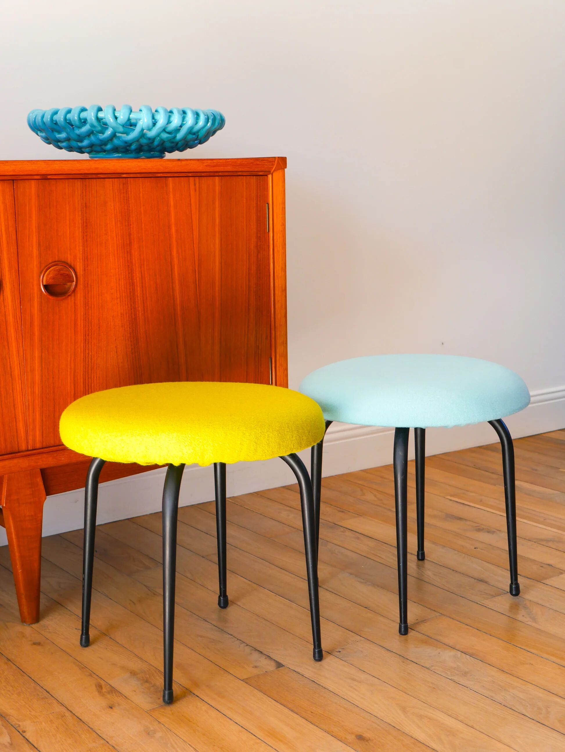Black iron stool and boiled wool, green, 1960