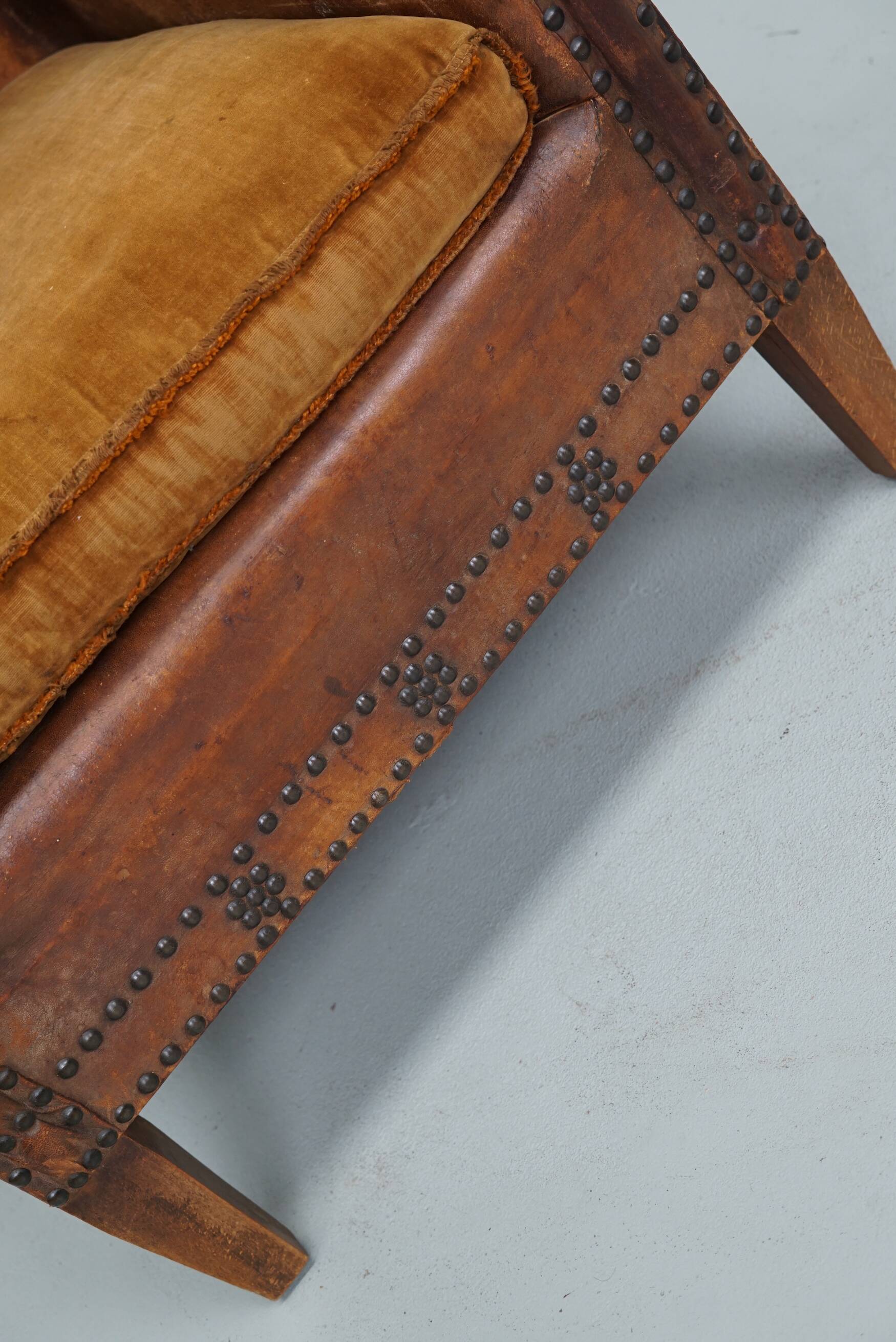 French cognac leather buttoned back club chair