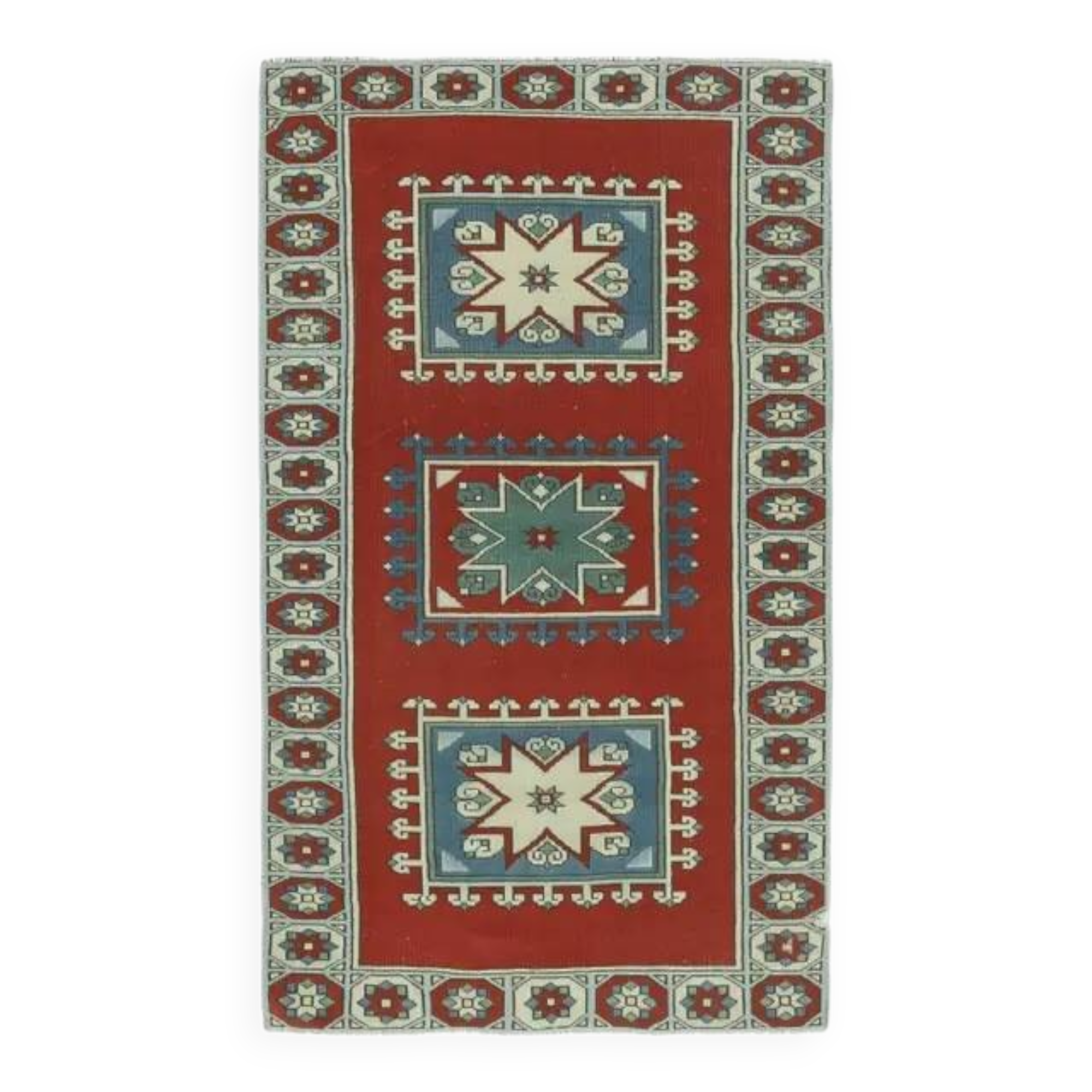 Vintage Turkish Hand-Knotted Wool Cotton Red Runner 110x193