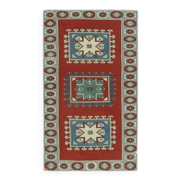Vintage Turkish Hand-Knotted Wool Cotton Red Runner 110x193