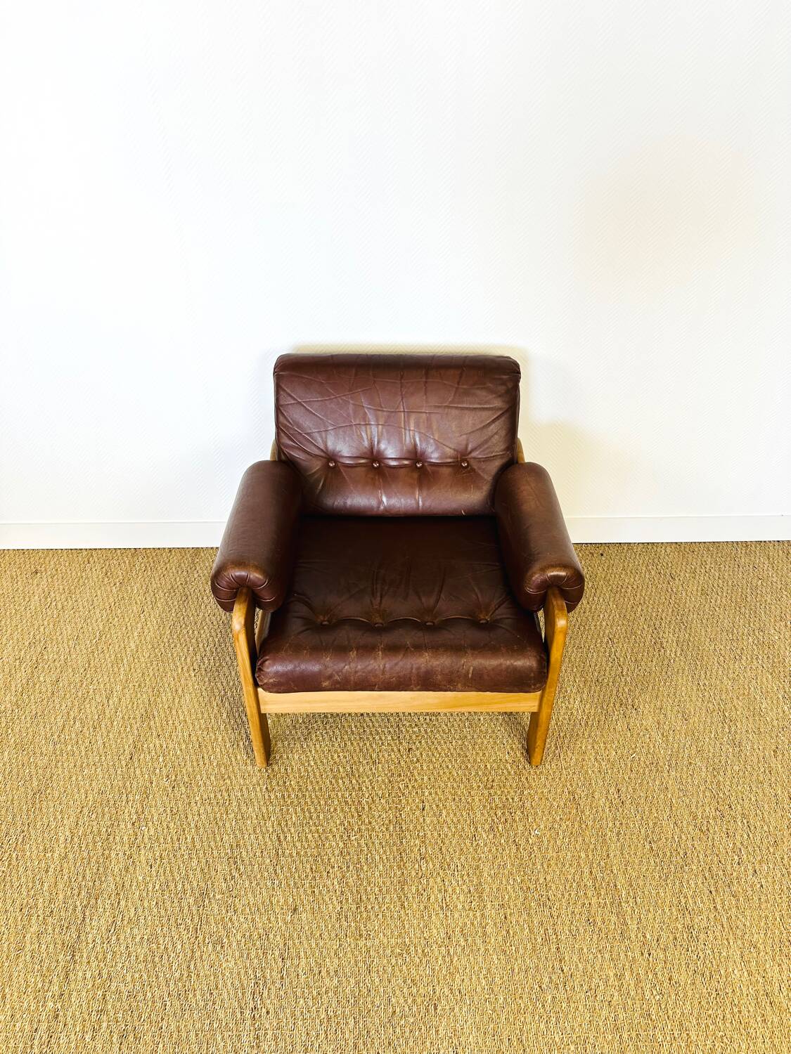 Vintage Scandinavian leather and teak armchair 1960