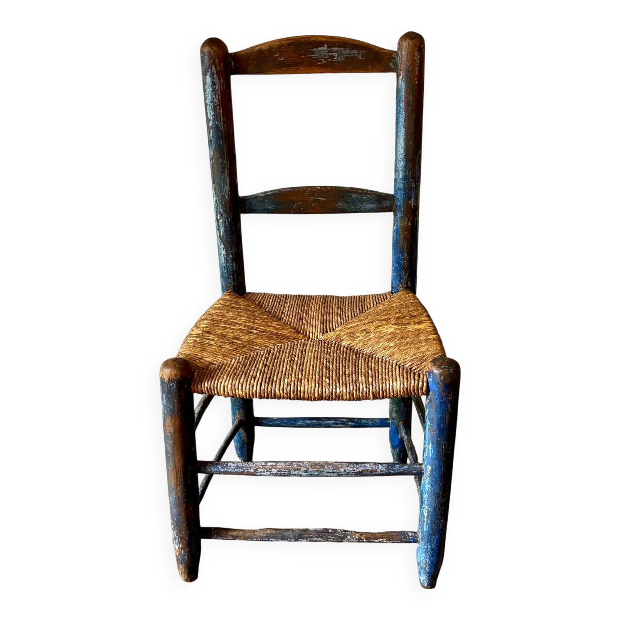 Chaise en bois bleu et paille tressée - Bon état sur Selency