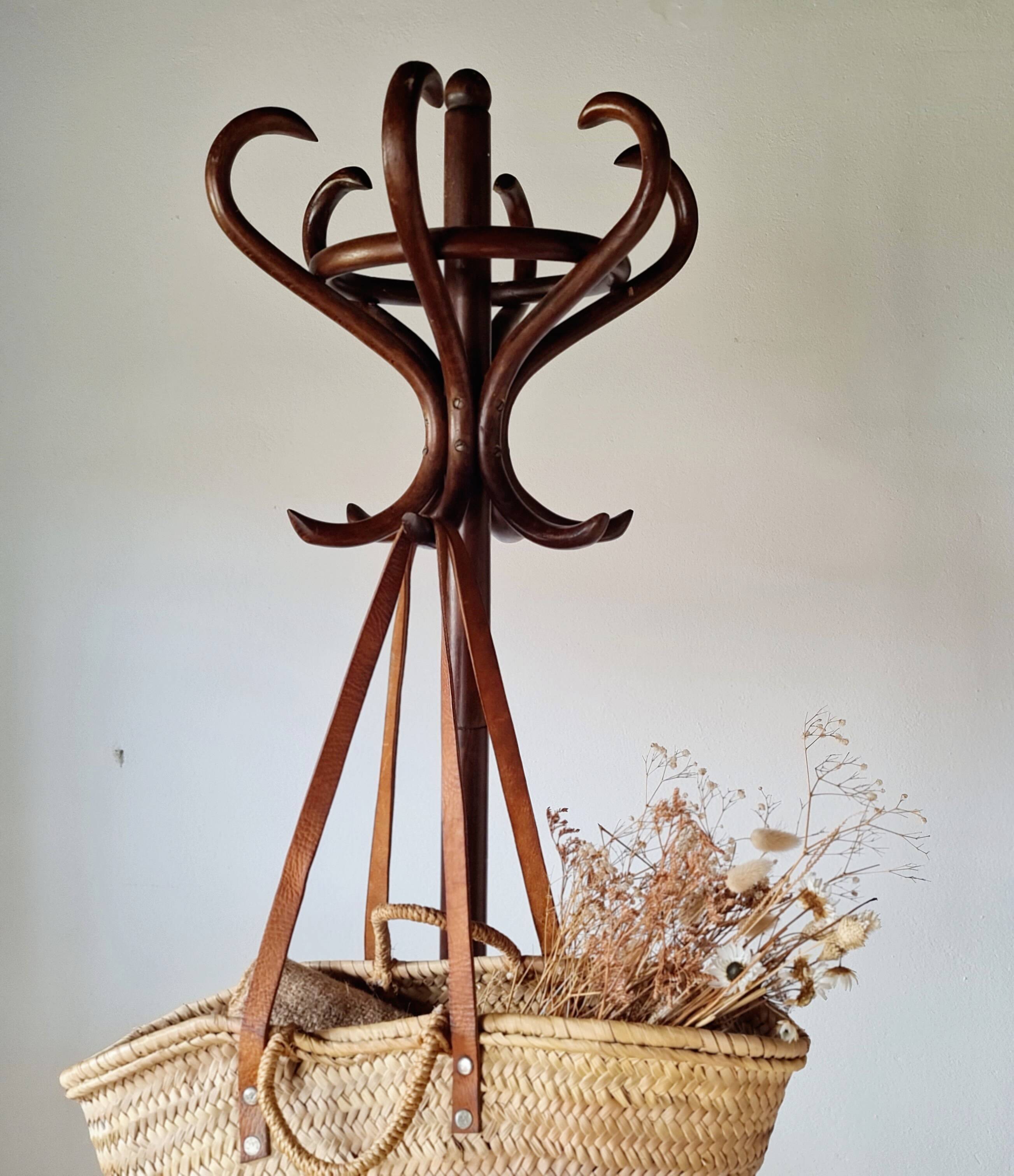 Antique curved wooden coat rack in the Thonet style, 1875.