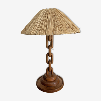 Lampe bois et raphia vintage années 50