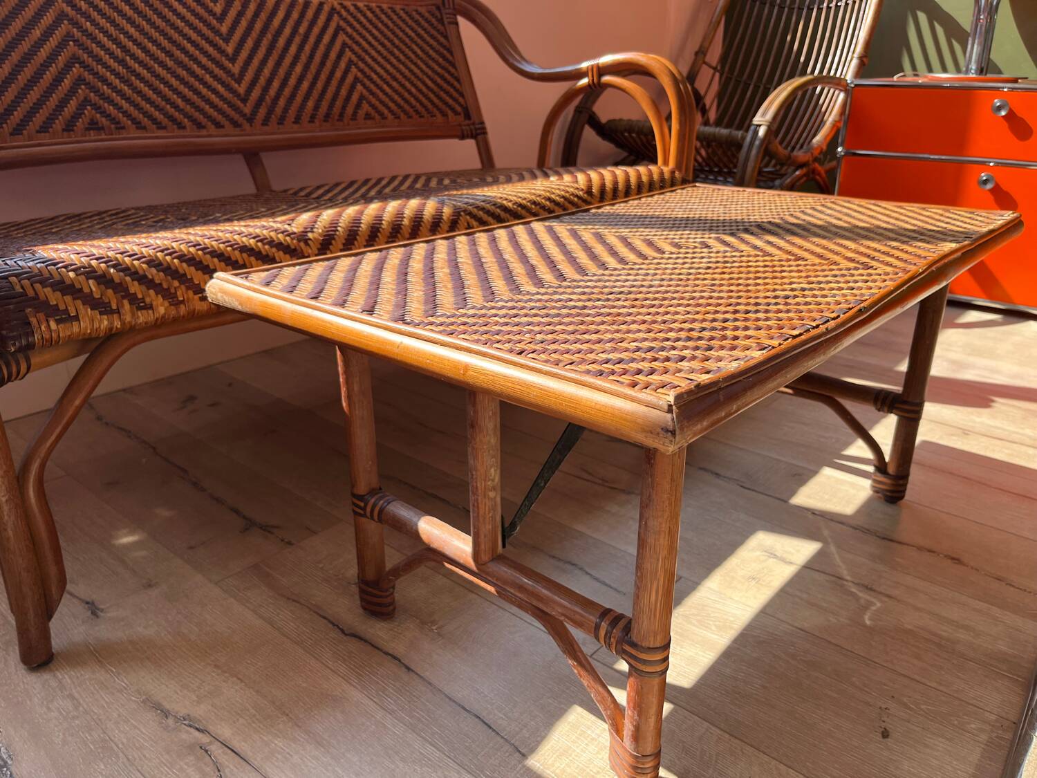 Ensemble canapé table rotin vintage 70 Riviera bohème
