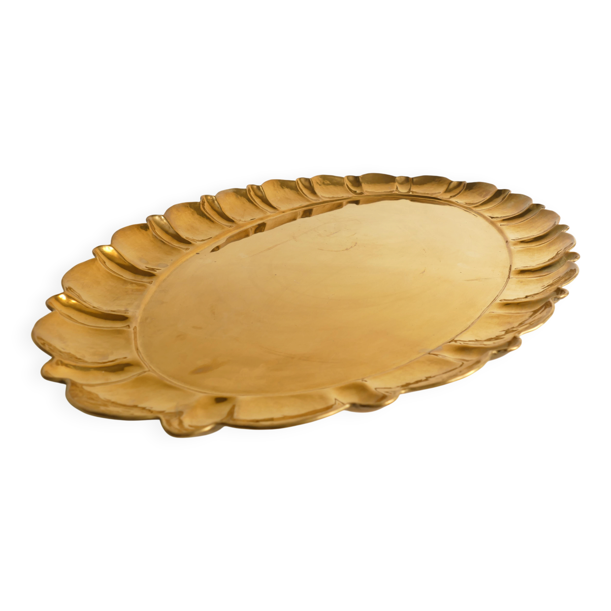 Hollywood Regency Large Oval Brass Tray by Firma Lars Holmström, Sweden 1940's
