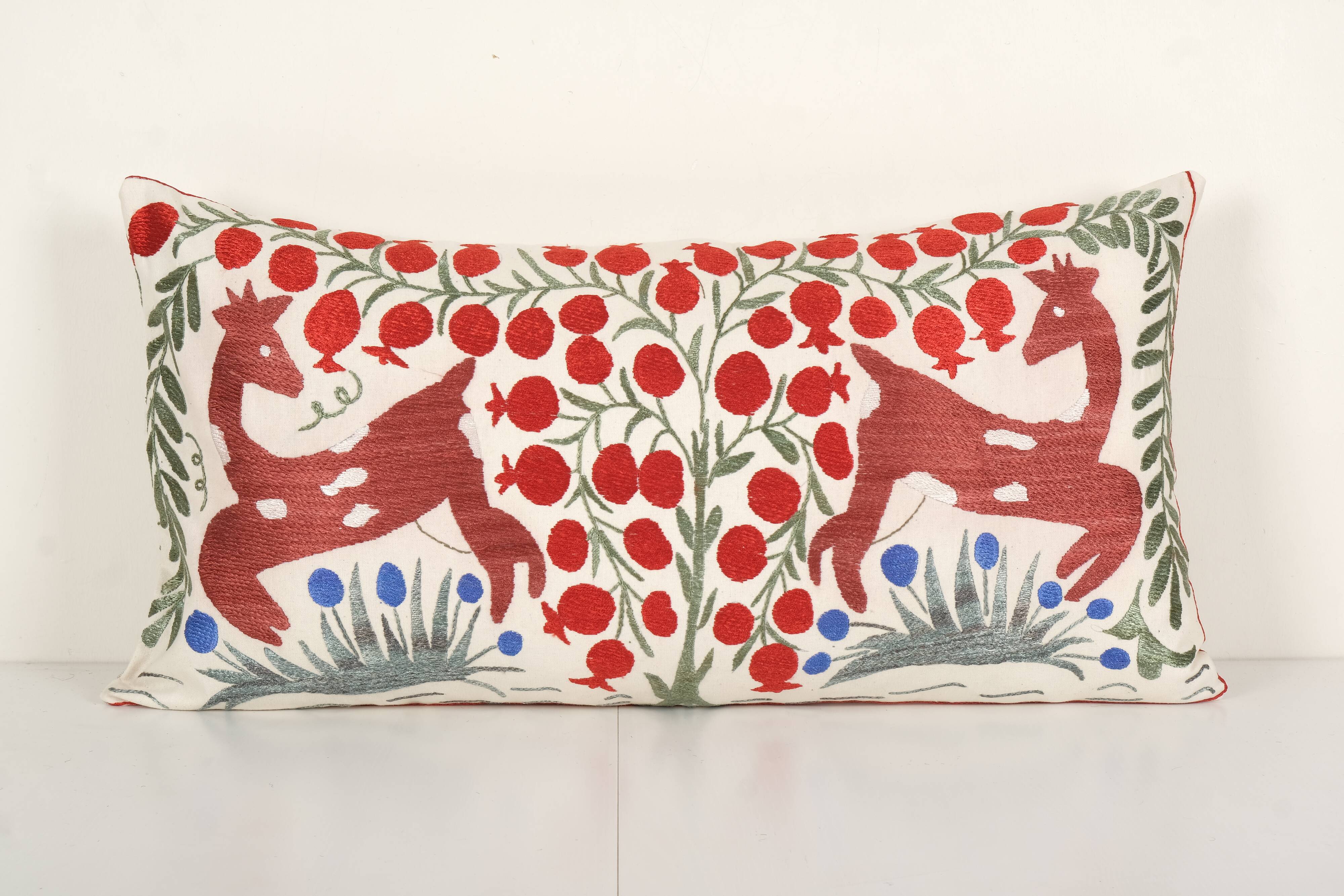 Suzani Animal Bedding Pillow Cover, Ethnic Uzbek Deer and Floral Motifs Cushion Cover, Handmade