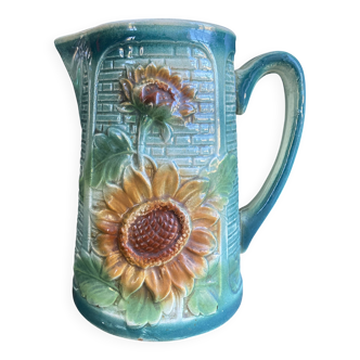 Vintage barbotine pitcher Onnaing Marguerite Sunflowers