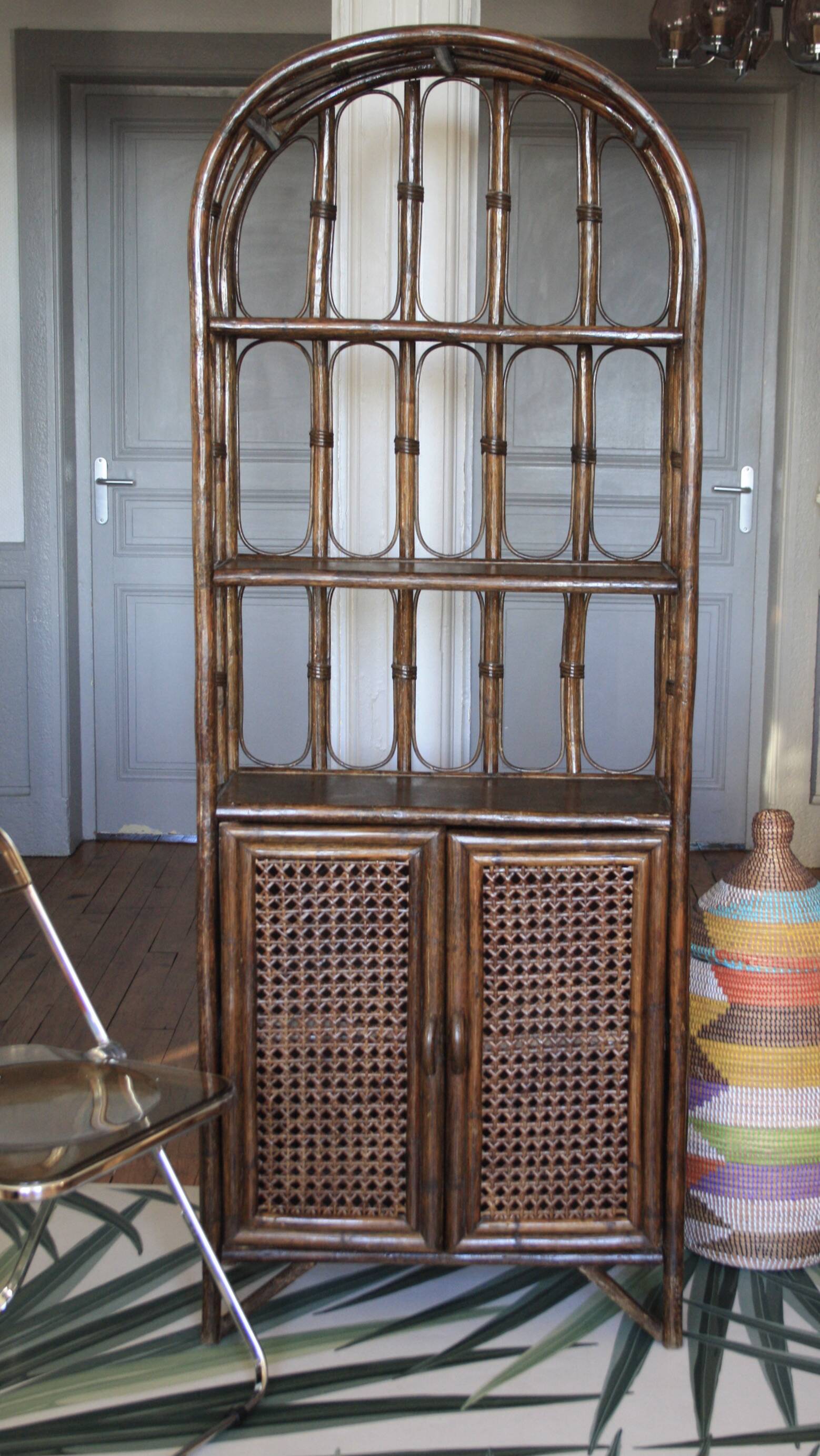 Rattan, cane and bamboo shelf/bookcase