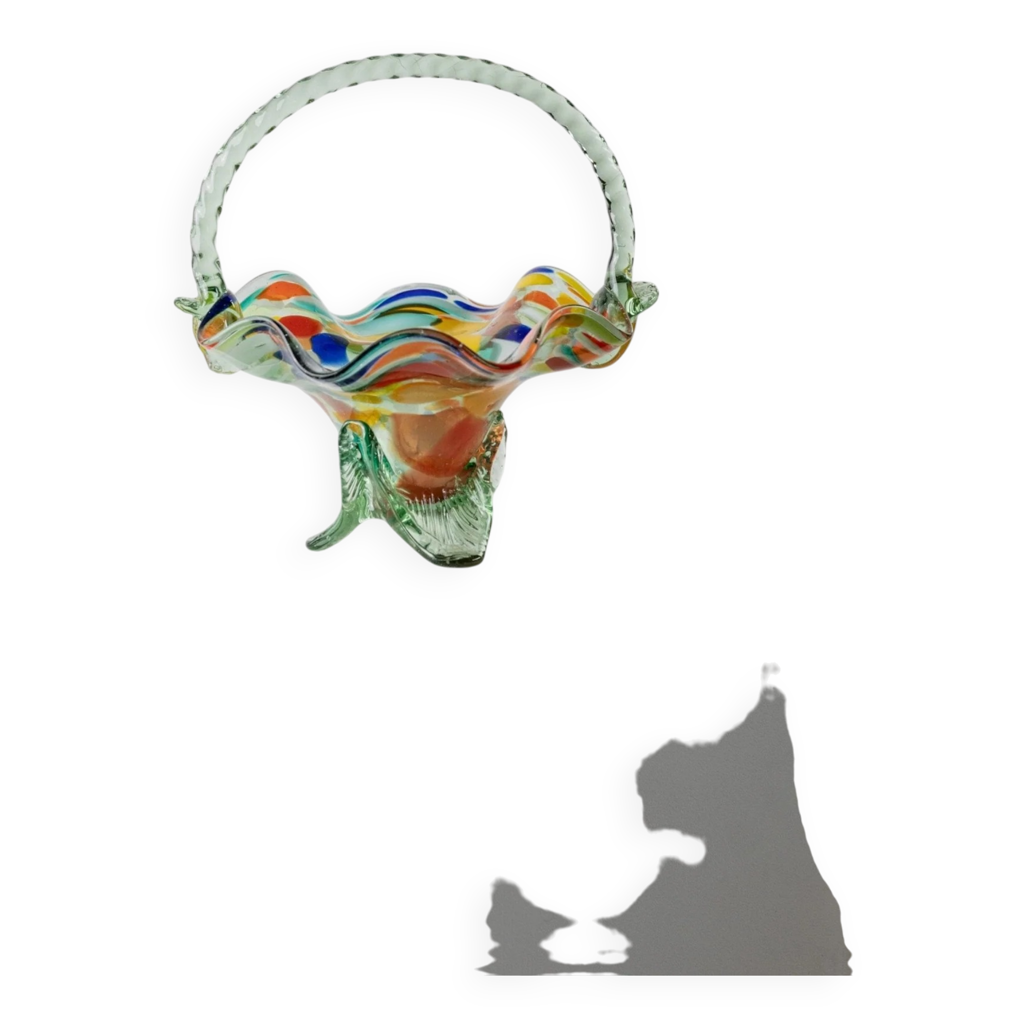 Multicolor Murano Glass Handle Bowl with Polka Dots, Ruffled Rim – 1970s Italian Mid-Century