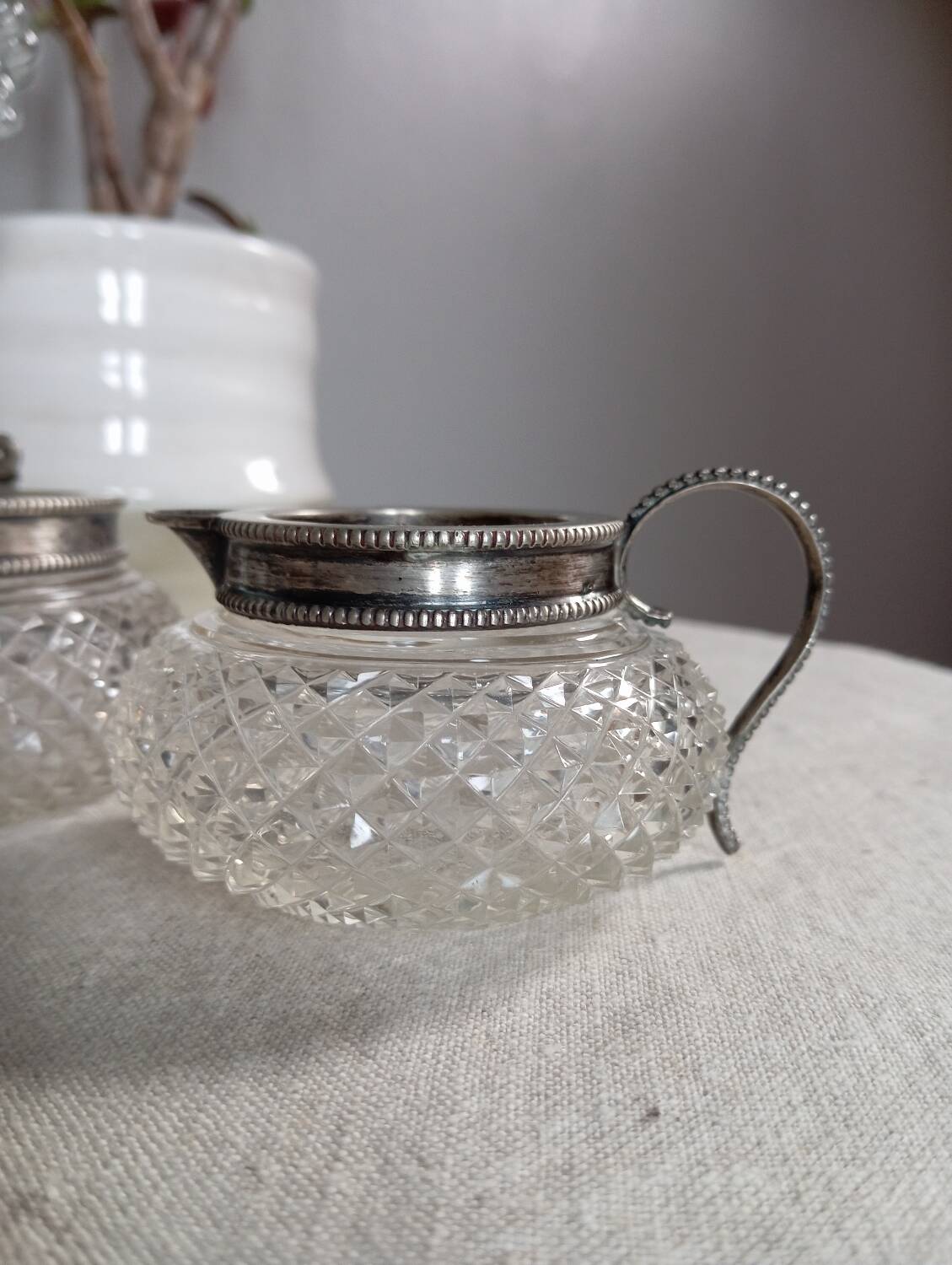 Creamer and jam maker in diamond-point crystal and silver rim, circa 1930