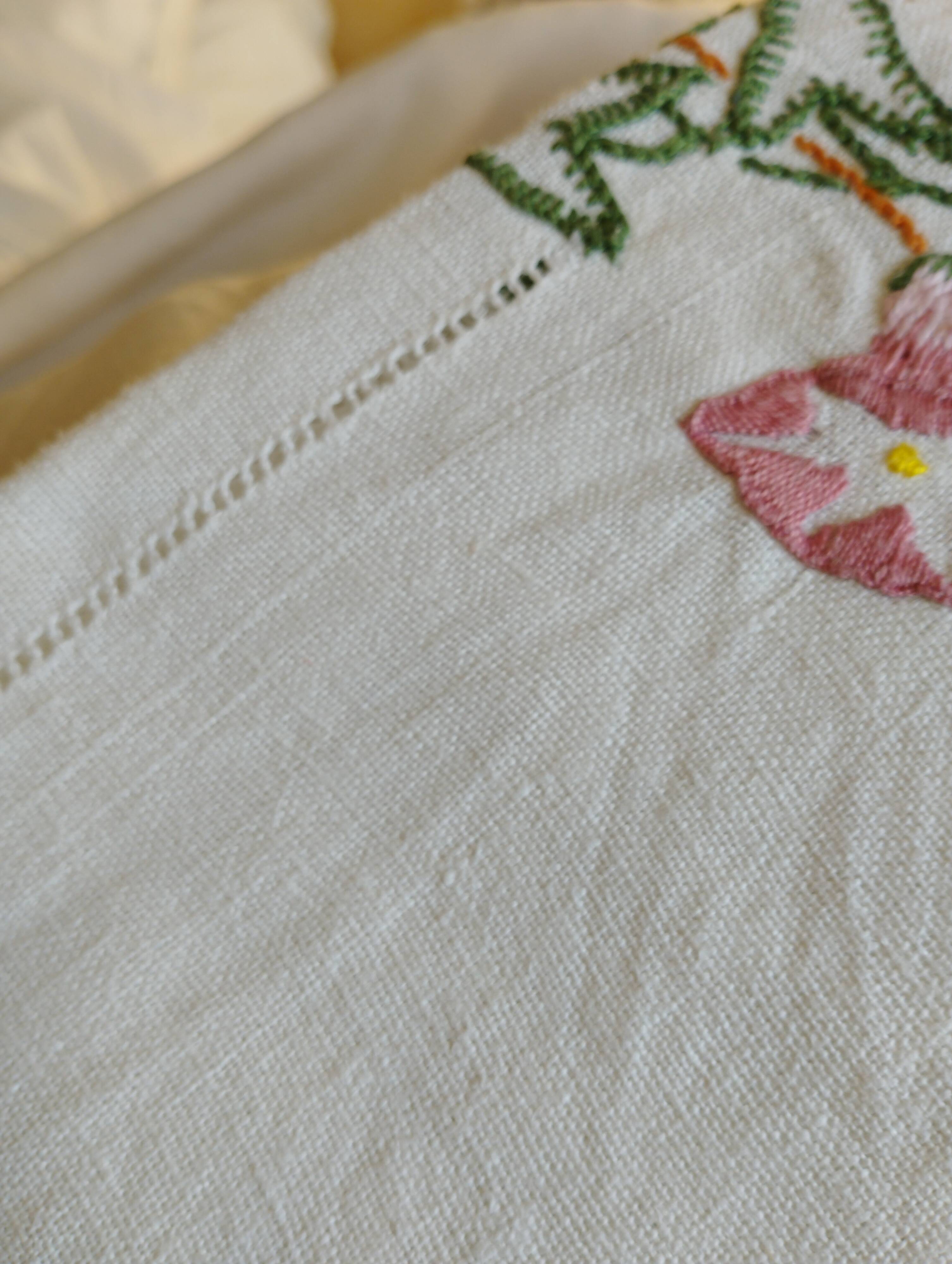 Antique linen tablecloth embroidered with flowers