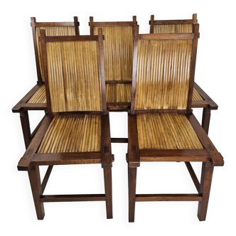 Set of 5 chairs with wood and bamboo seats