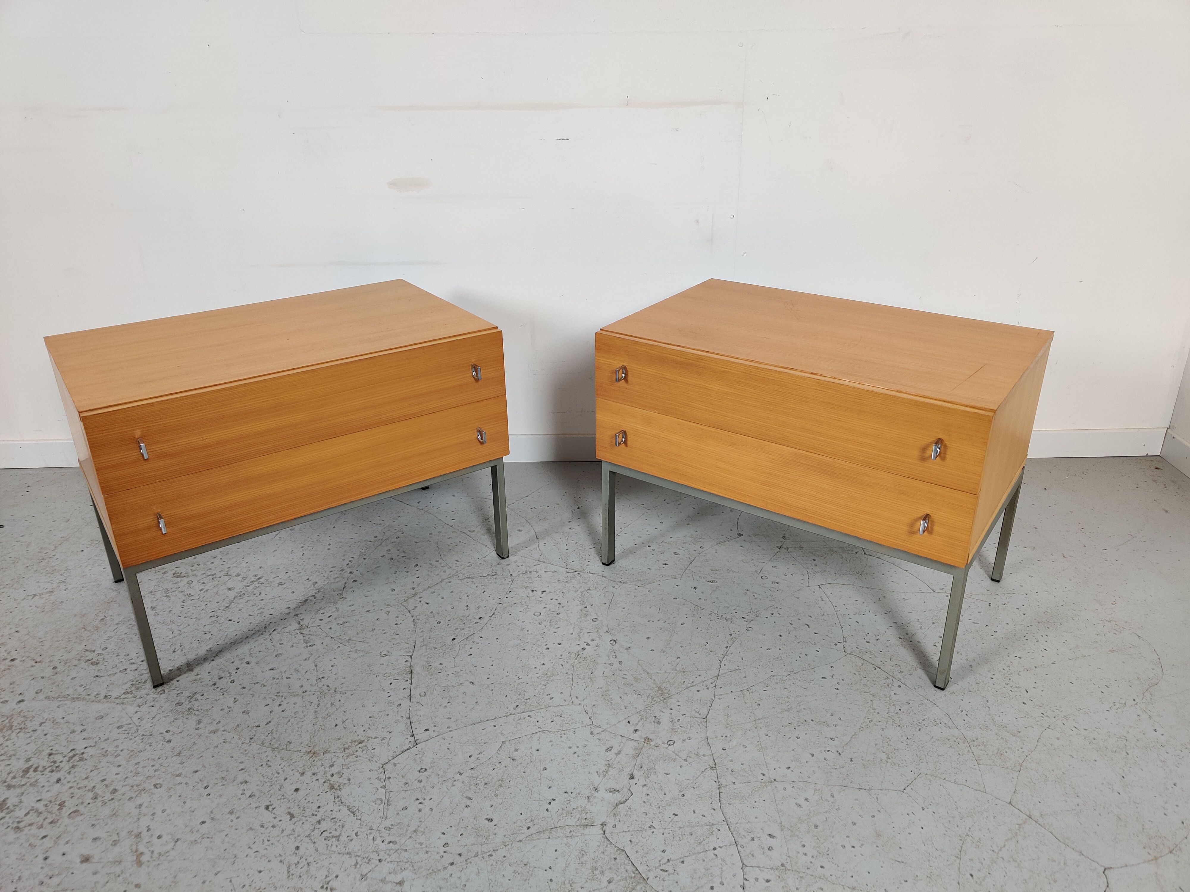 Pair of Scandinavian bedside tables, wood and metal 60s