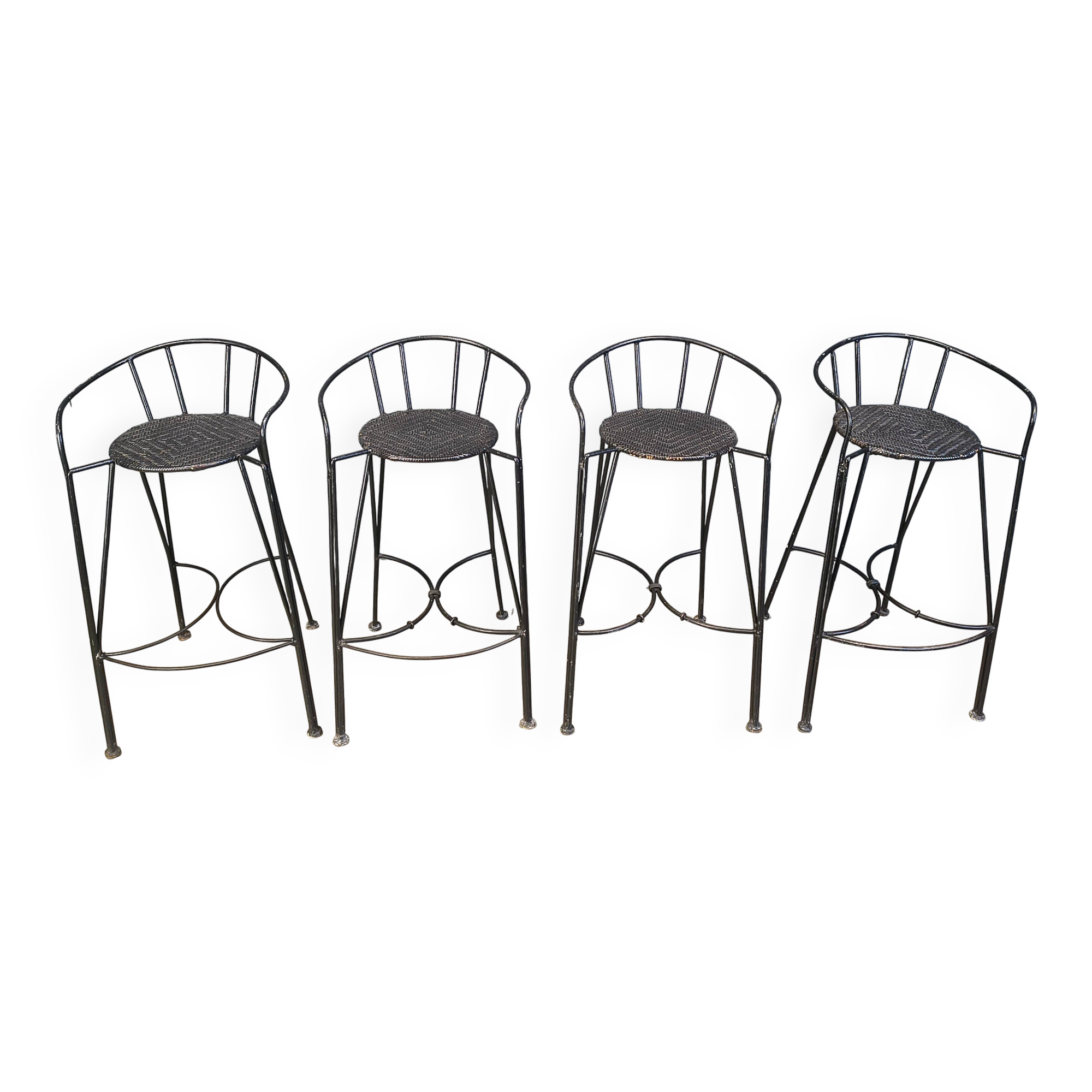 Tabourets de bar vintage en fer forgé et rotin, ensemble de 4 - années 1970