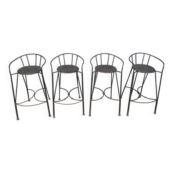 Tabourets de bar vintage en fer forgé et rotin, ensemble de 4 - années 1970