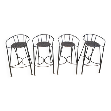 Tabourets de bar vintage en fer forgé et rotin, ensemble de 4 - années 1970