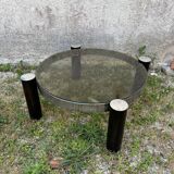 Table basse ronde design italien en chrome et verre fumé vintage