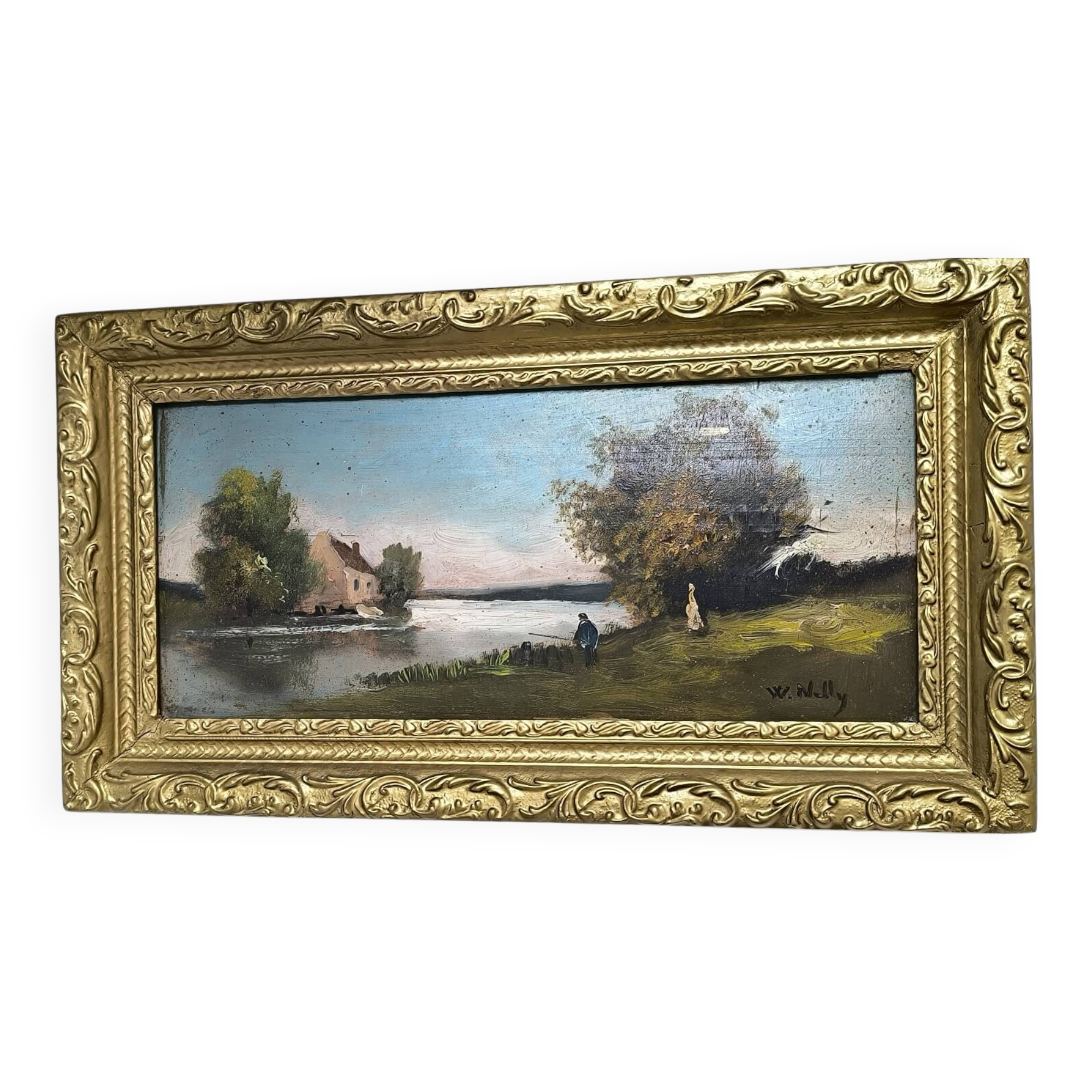 Petit tableau  – Paysage bucolique – Encadrement doré