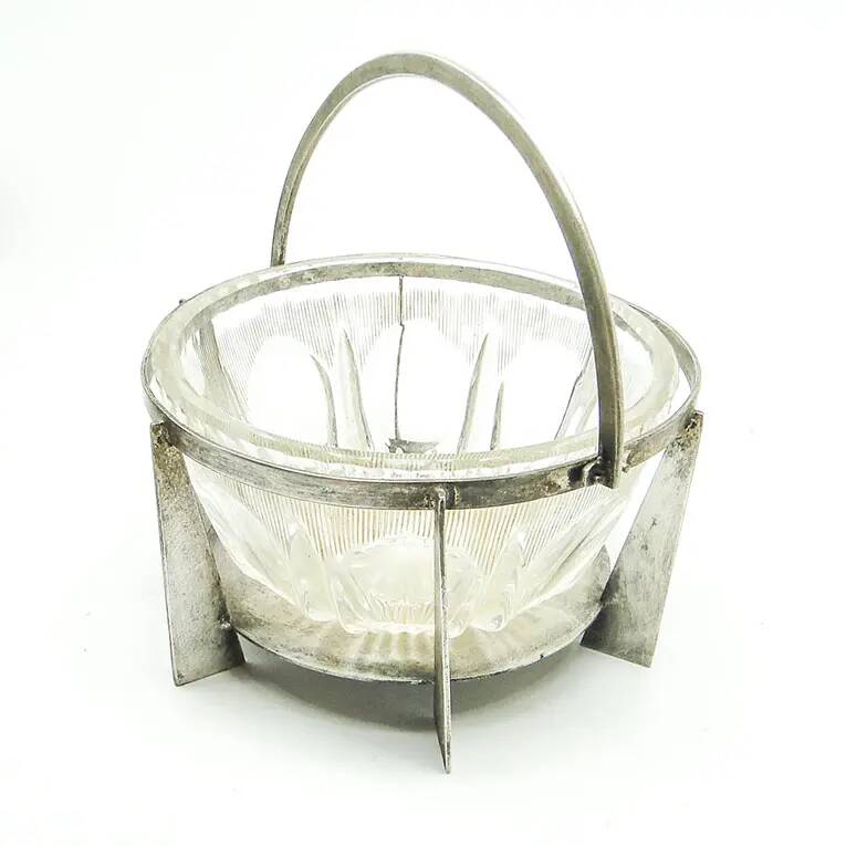 Postmodernist sugar bowl, glass, silver-plated brass, Poland, 1970s