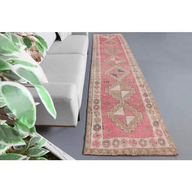 Vintage Turkish Hand-Knotted Wool Cotton Pink Runner Rug 92x364