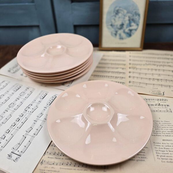Lot 6 assiettes à huîtres vintage Digoin rose poudré