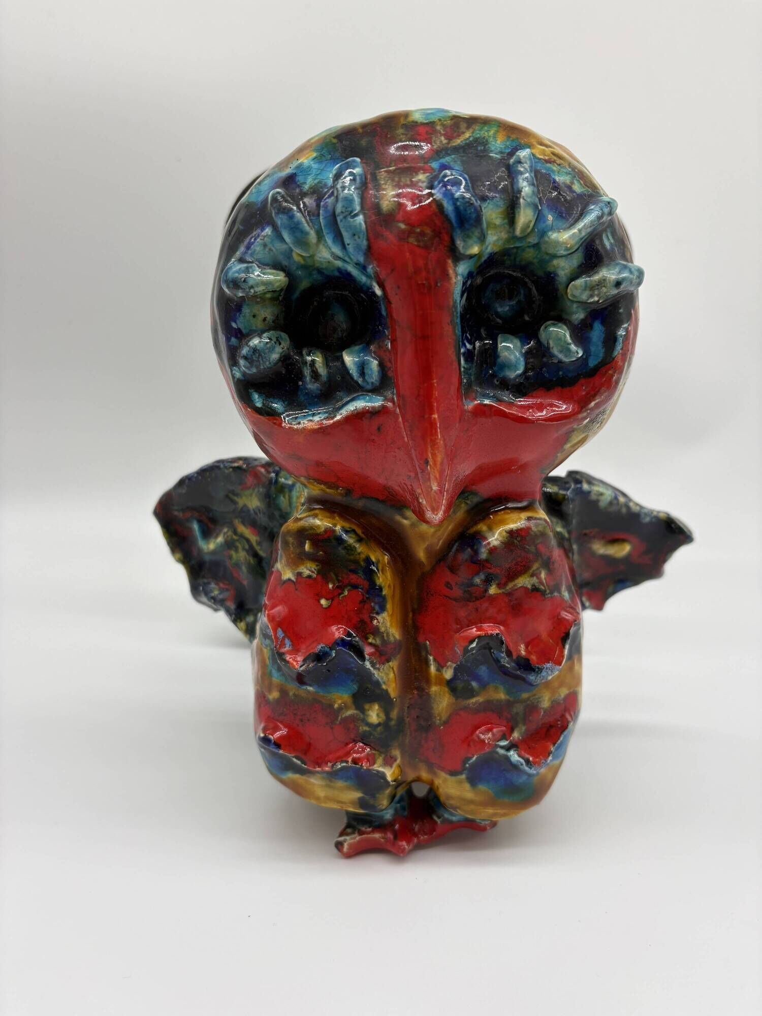Owl Sculpture in Glazed Ceramic Dated 1991 on Wrought Iron Base