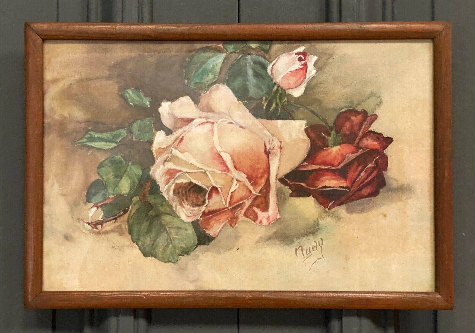 Watercolor by Many still life bouquet of roses early 20th century