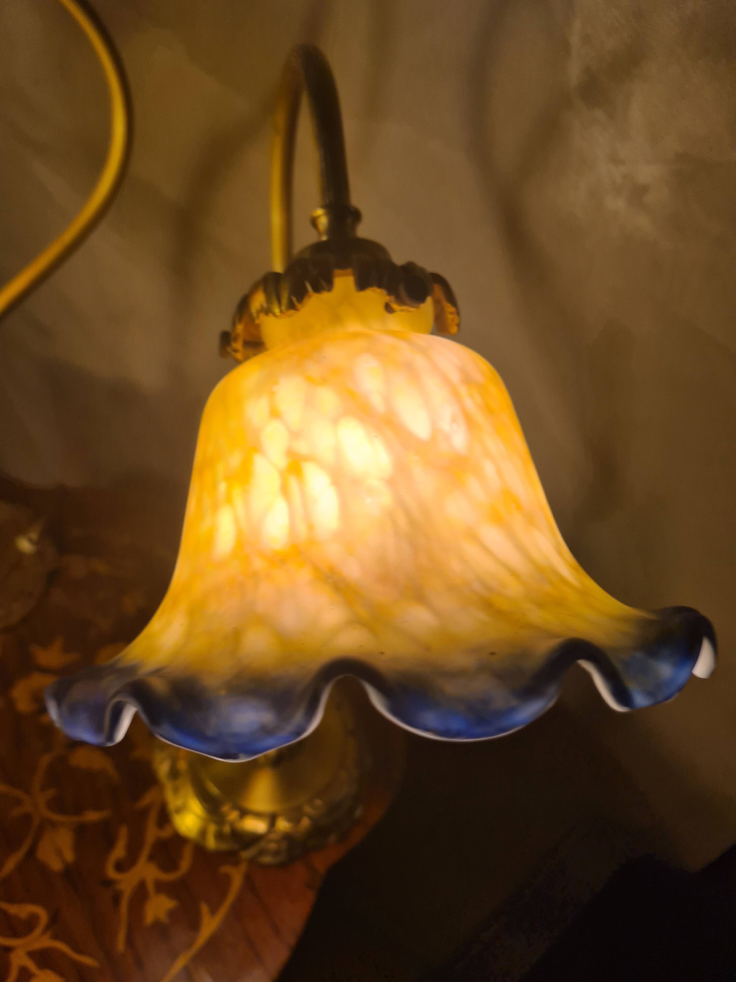pair of brass bedside lamps 40x32 glass paste lampshade electric 1970s