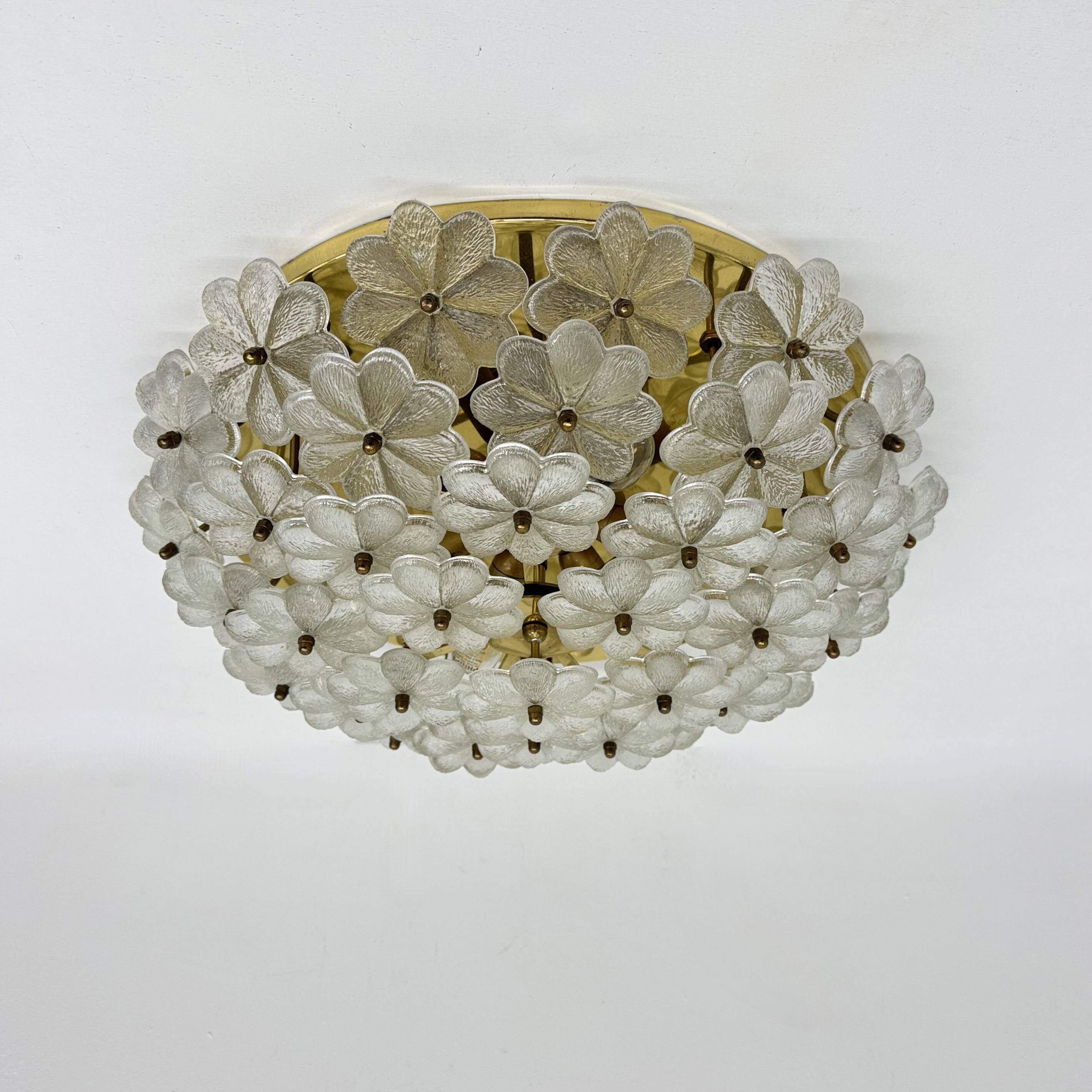 Large Floral Crystal Glass Flush Lamp by Ernst Palme , 1970s