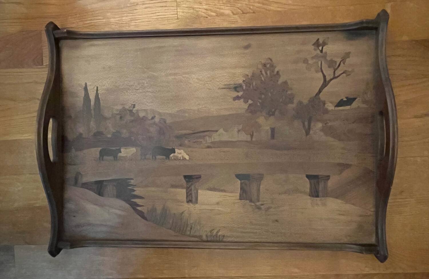 Grand plateau ancien en bois marqueté