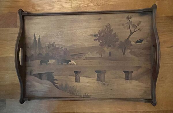 Grand plateau ancien en bois marqueté