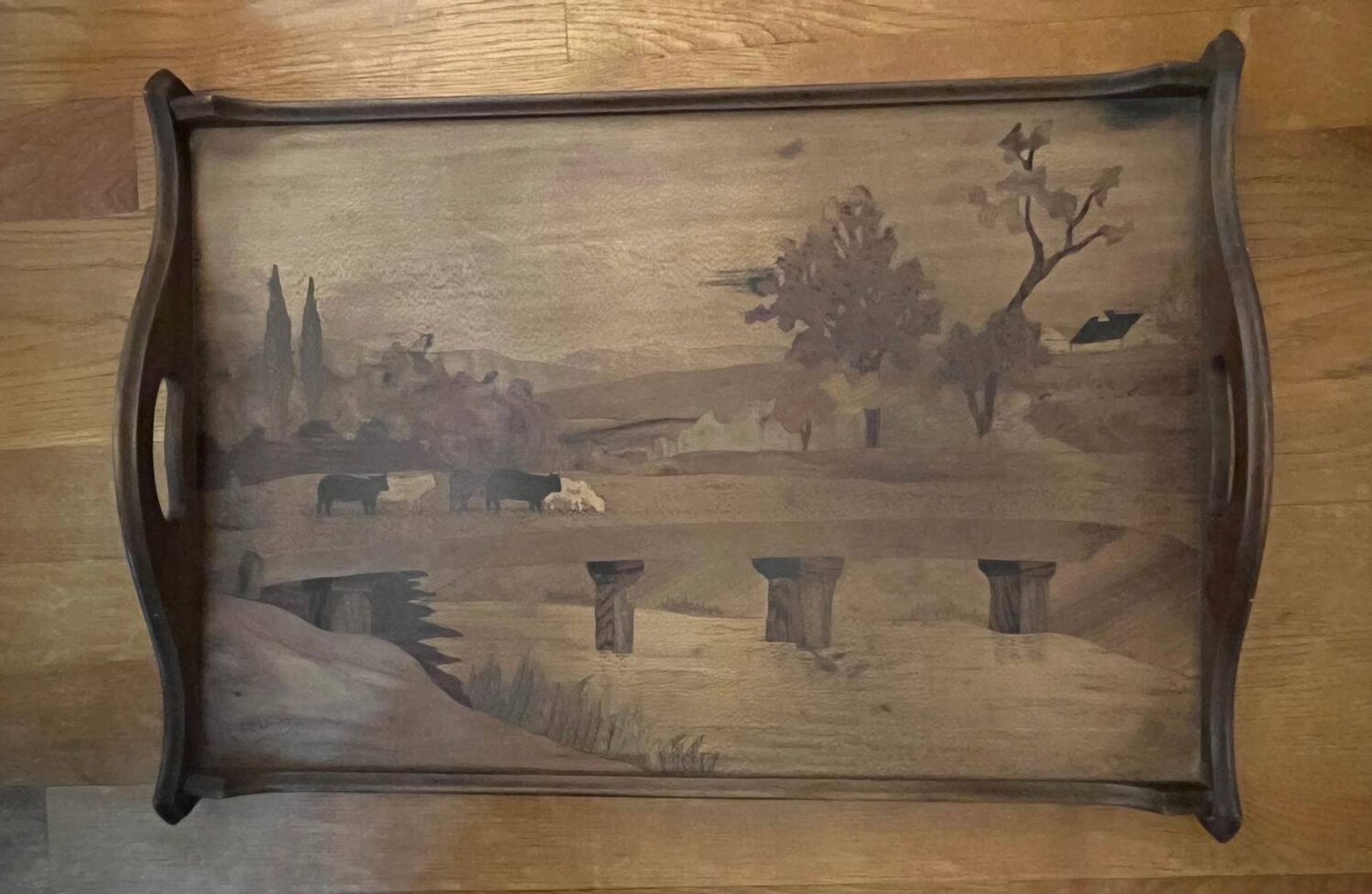 Large antique marquetry wooden platter
