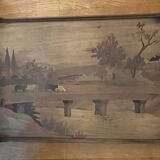 Grand plateau ancien en bois marqueté