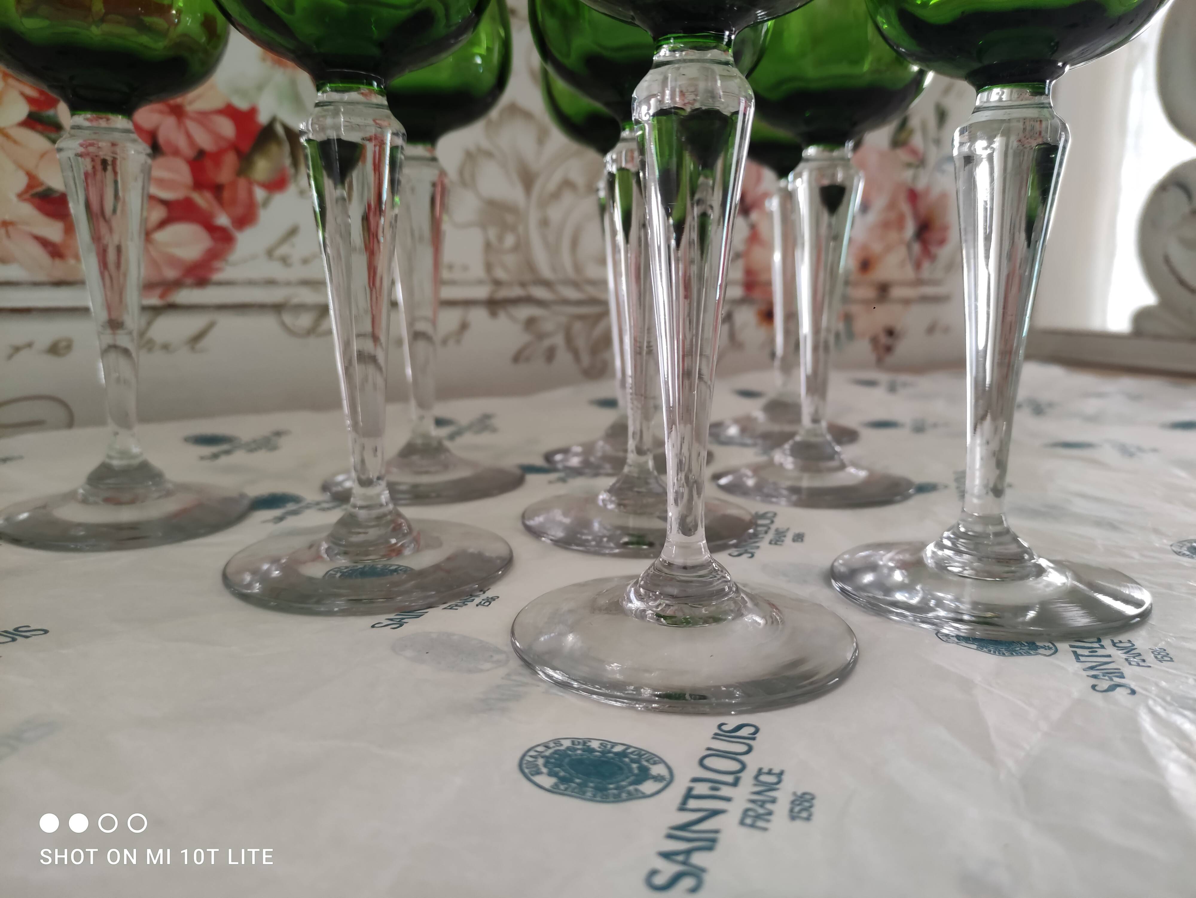 Set of 9 unstamped Saint-Louis wine glasses drinking Chartreuse green
