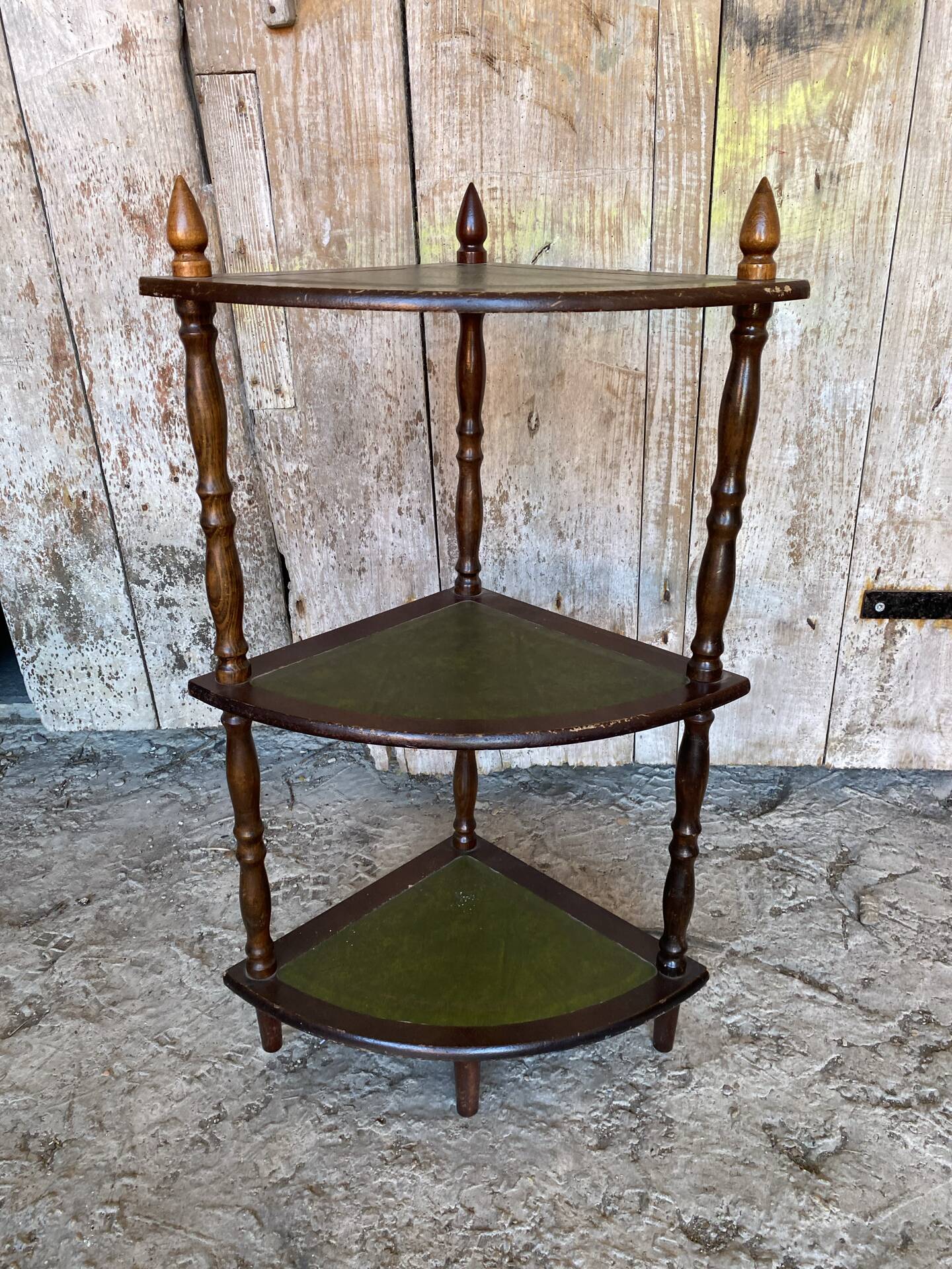 Étagère Meuble D’Angle Ancien Bois + Tablette Verte Vintage