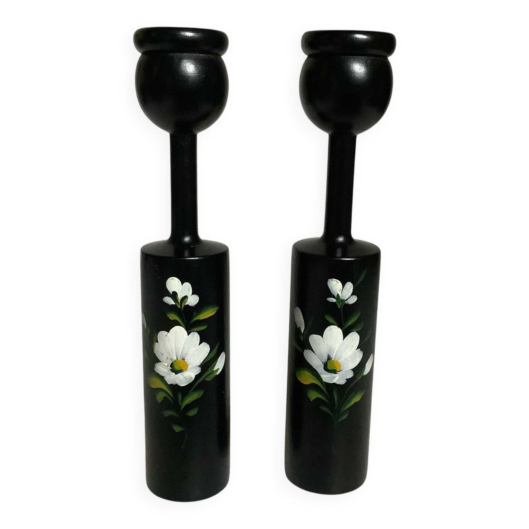 Pair of painted wooden candlesticks
