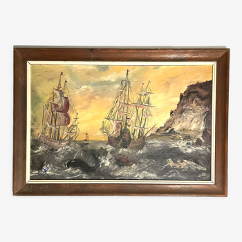 Peinture à l’huile sur bois Voiliers hollandais du 17ème / début du 18ème siècle dans la tempête marine