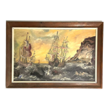 French oil painting on wood dutch 17th / early 18th century sailing ships in the sea storm