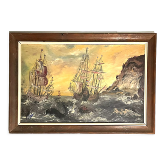 French oil painting on wood dutch 17th / early 18th century sailing ships in the sea storm