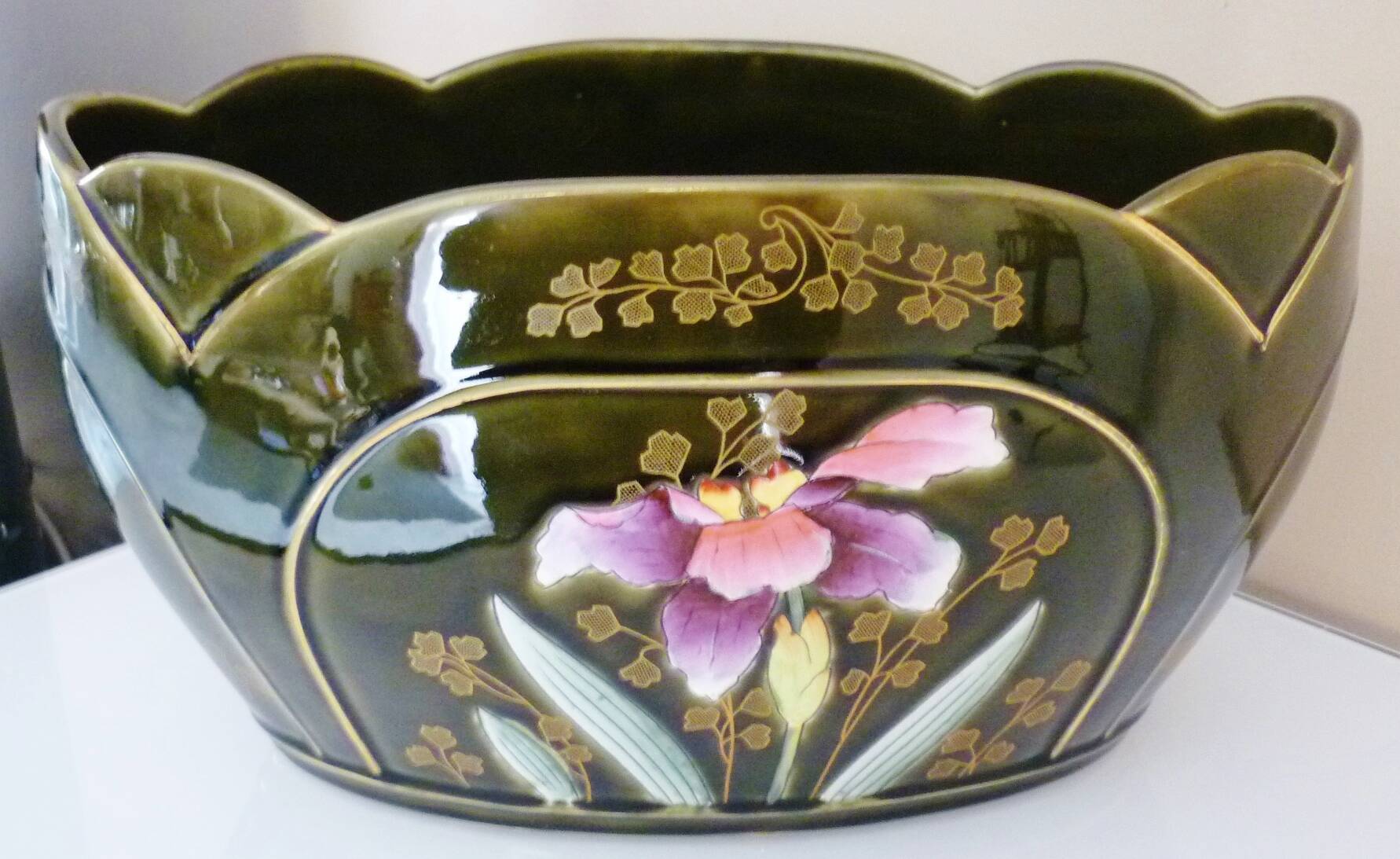 Planter, art nouveau, iris, enameled ceramic, signed Gustave De Bruyn, Fives-Lille
