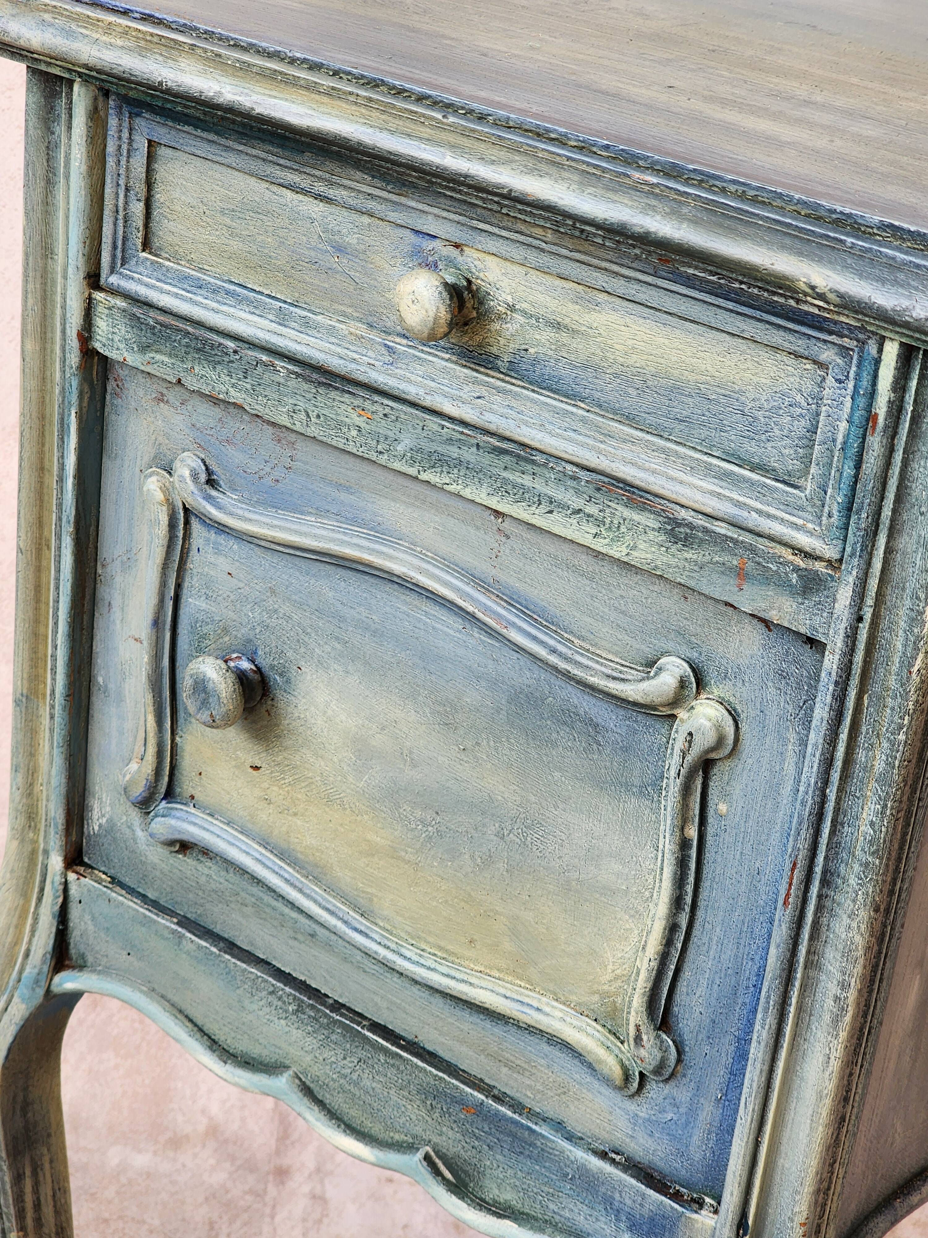 Old blue patinated bedside table
