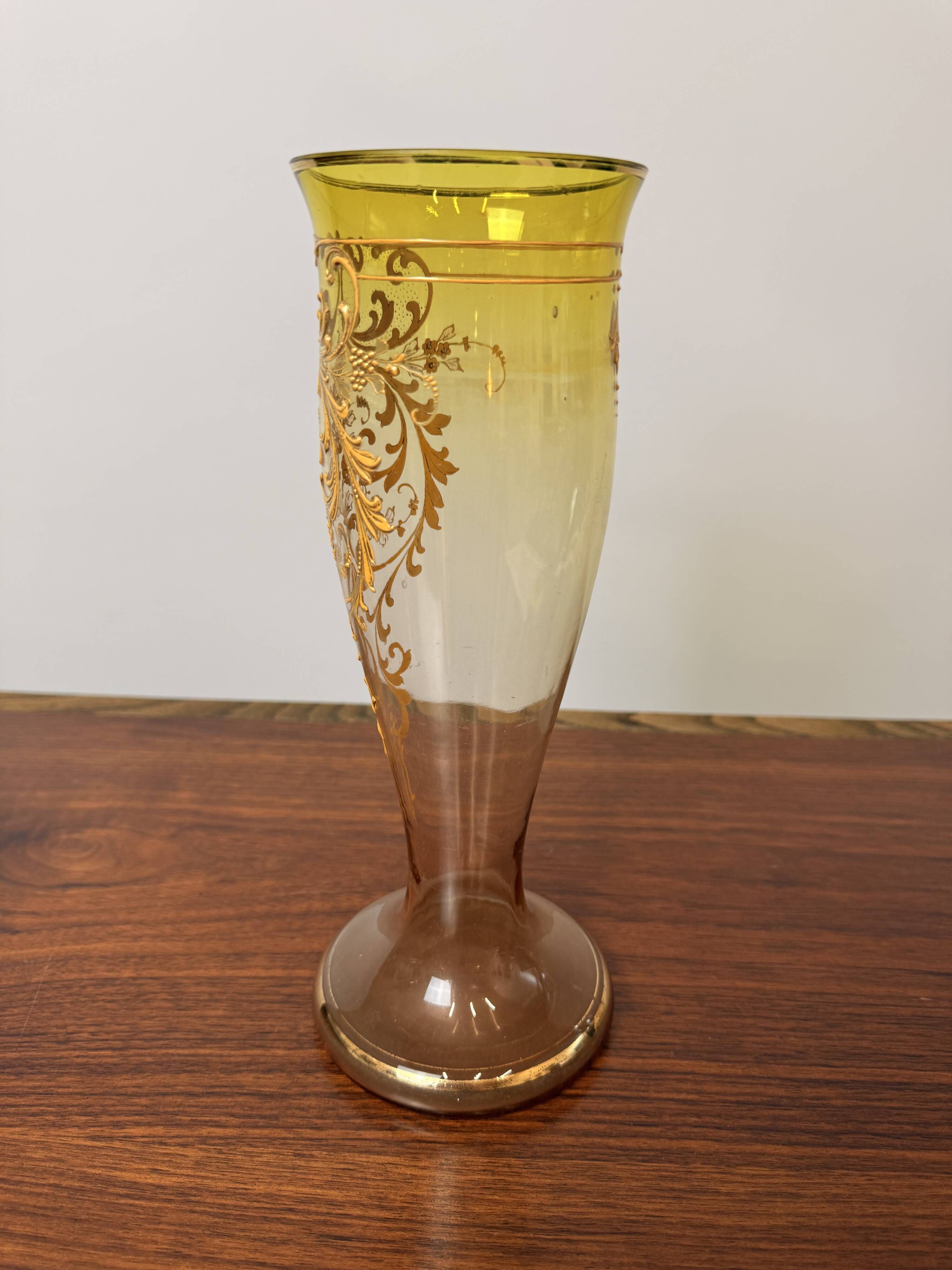 Antique legras vase in yellow glass with golden floral decoration – art nouveau