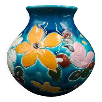 MAUNIER à Vallauris 1987 vase céramique à décor de fleurs Polychrome