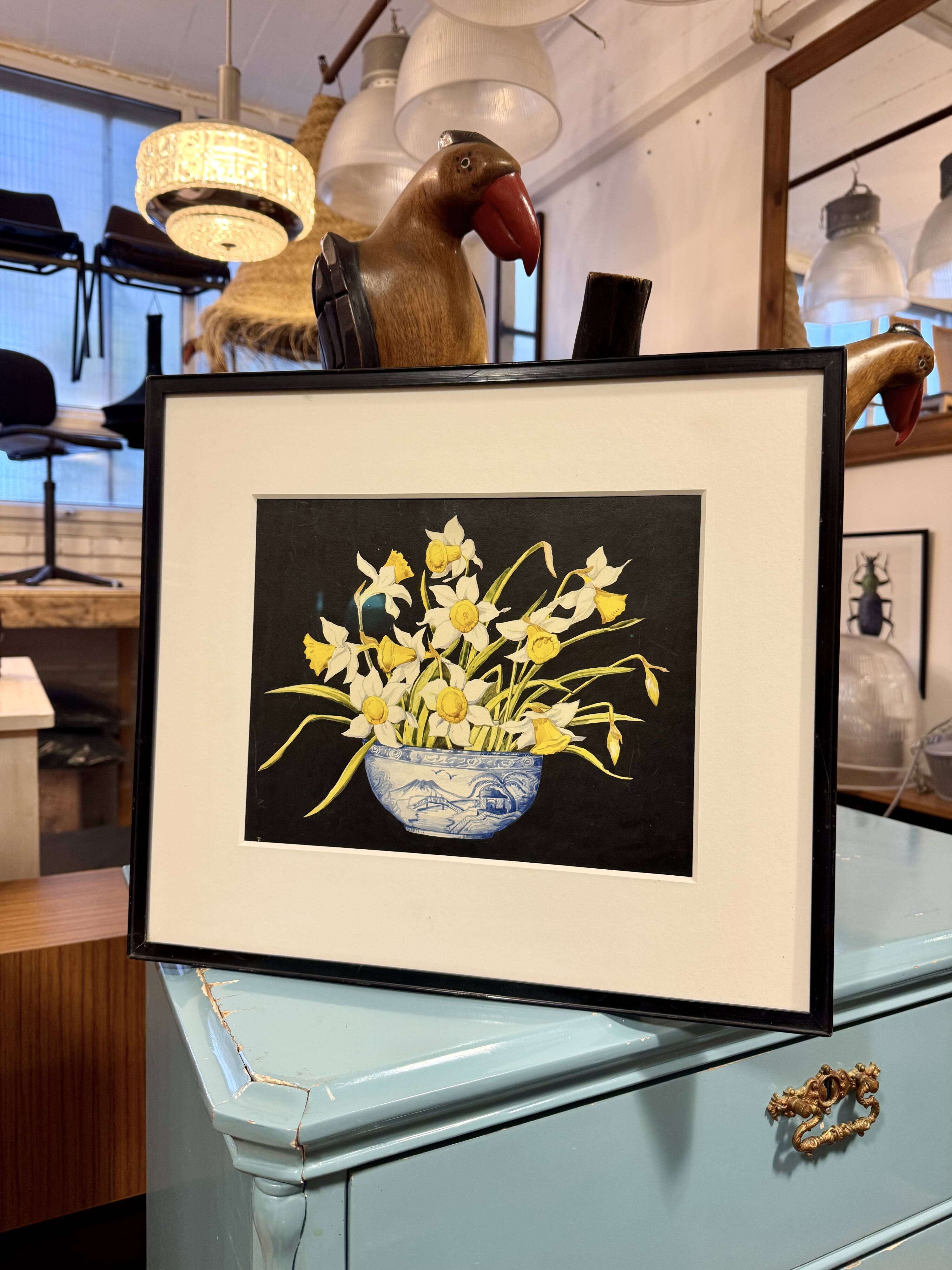 Early 20th Century Still Life Painting of Daffodils Black Frame