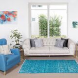 3x6 ft handmade vintage turkish rug over-dyed in teal, ideal 4 modern interiors