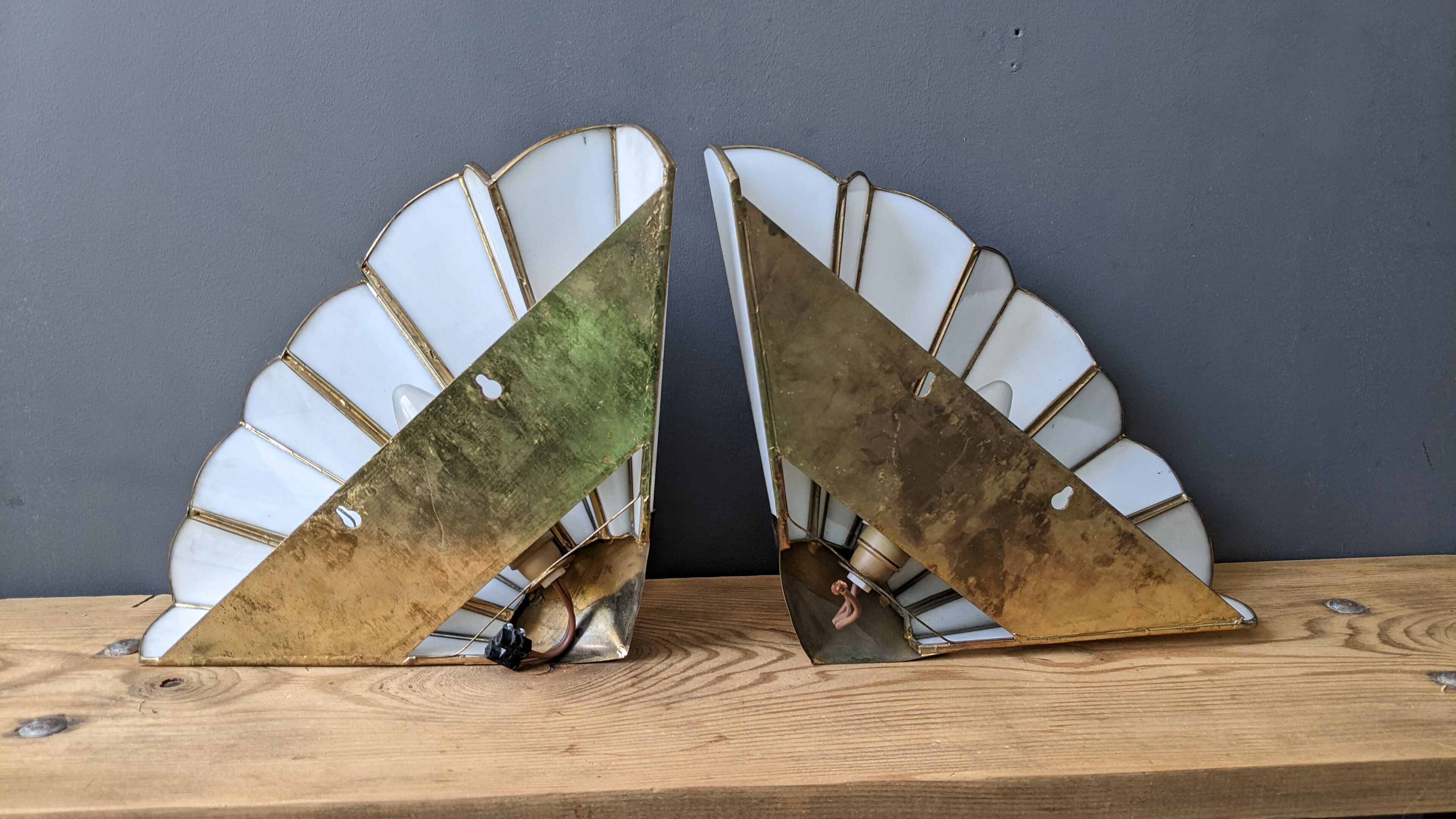 Pair of mother-of-pearl and brass fan wall lamps