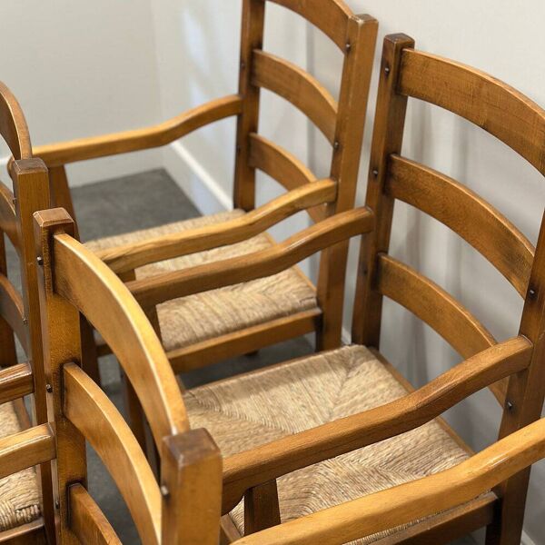 Ensemble de 5 grands fauteuils de salle à manger en chêne français avec assises en jonc, années 1970