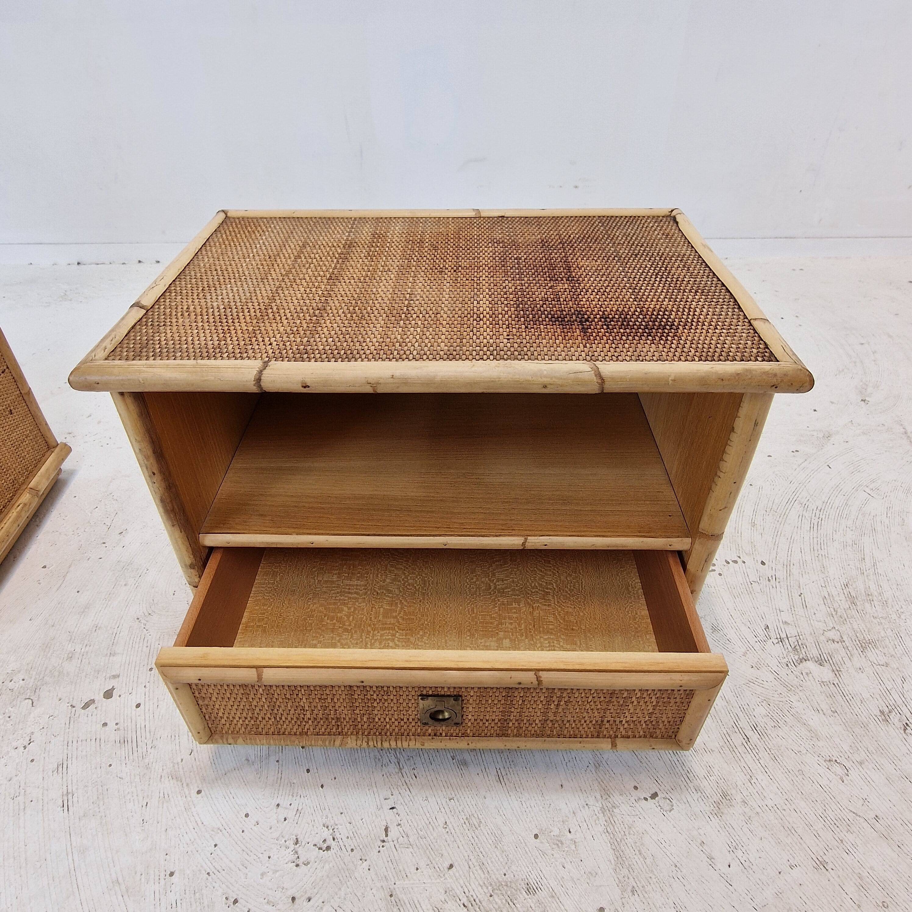 Bamboo and Rattan Pair of Bedside Tables Nightstands by Dal Vera, Italy 1970s